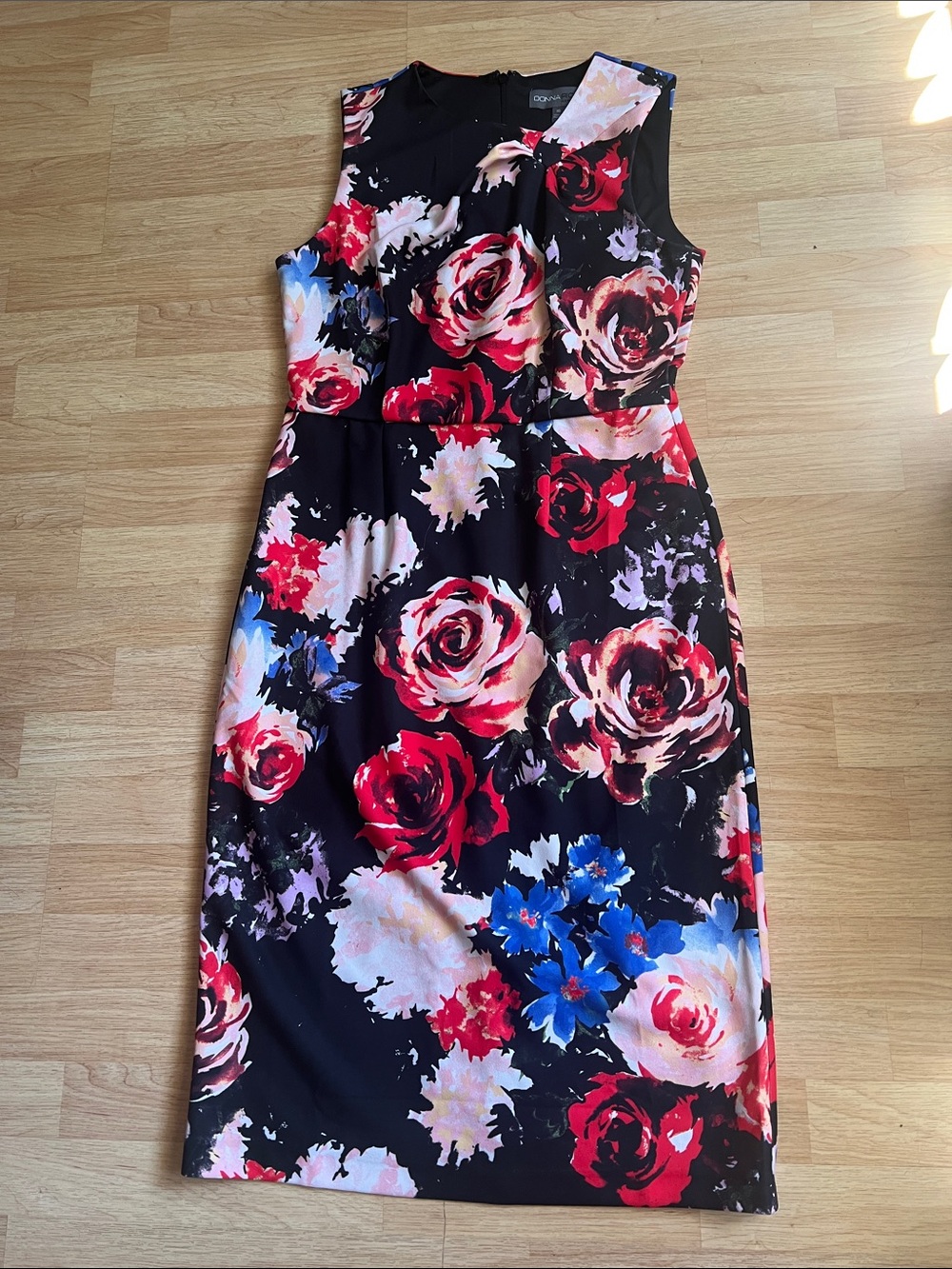 Donna Ricco Black Floral Midi Dress with Red, Pink and Blue Roses
